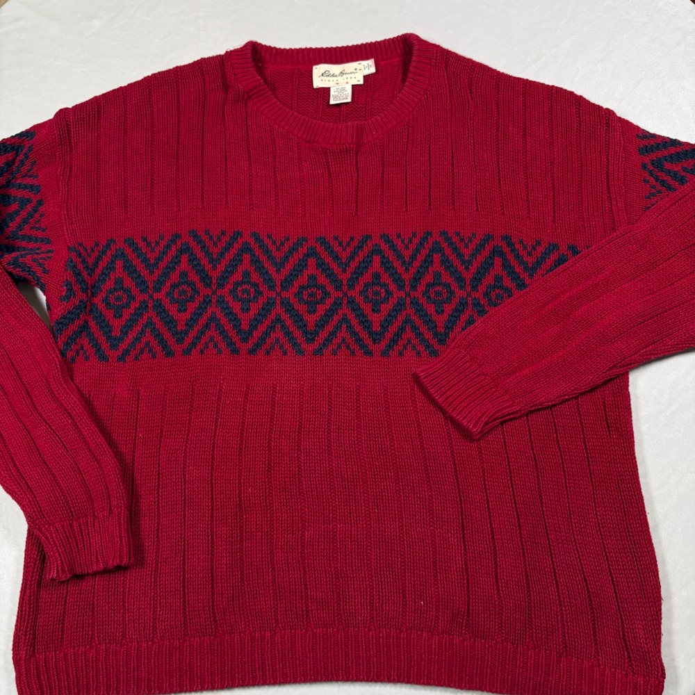 Eddie Bauer Sweater Mens XL Vintage Red Navy Geometric Ribbed Cotton Made in USA - Picture 2 of 8